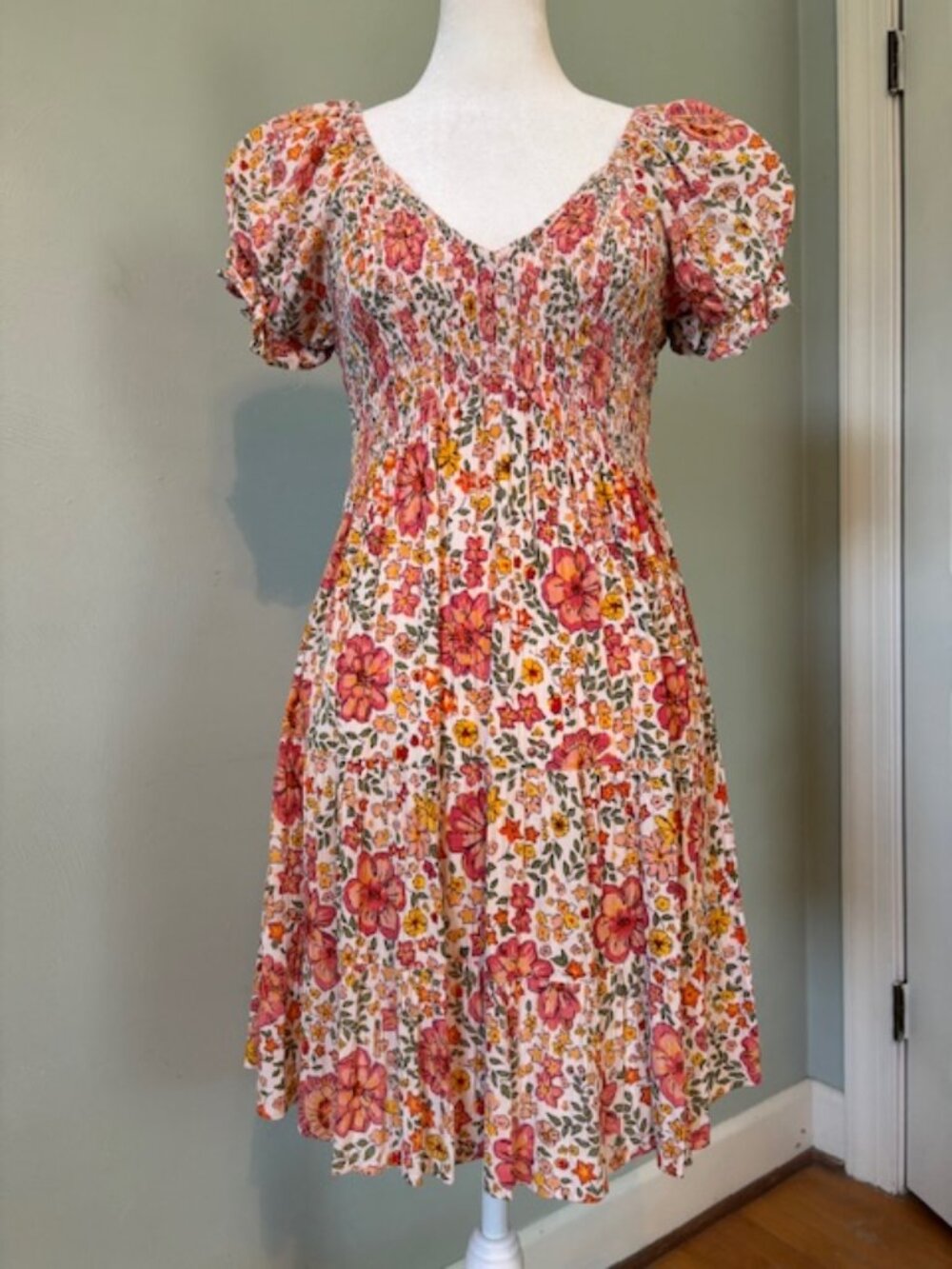 Angie Pink Floral Print Puff Sleeve Smocked Mini Dress Size Small